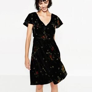 2/$30 ZARA Floral Velvet A-Line Dress Black Ruffle V-Neck Flutter Sleeve #7211